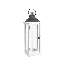 22" Wood/Glass Lantern W/Metal Top White